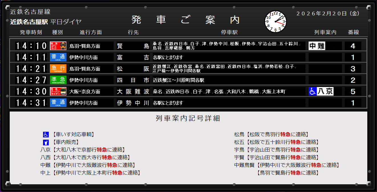 パタパタ近鉄名古屋駅の画面