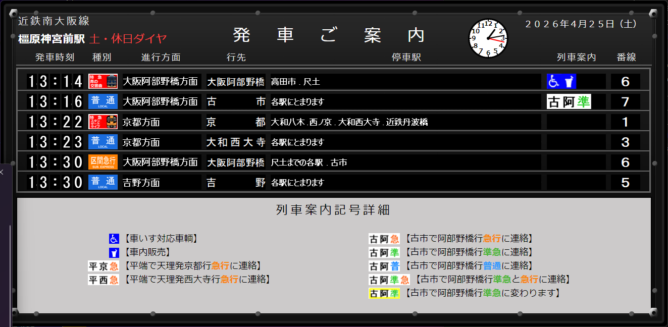 土・休日ダイヤ時の画面
